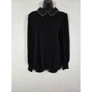 Belldini Sweater L Black Studded Peter Pan Collar Velvet Burnout Puff Sleeve